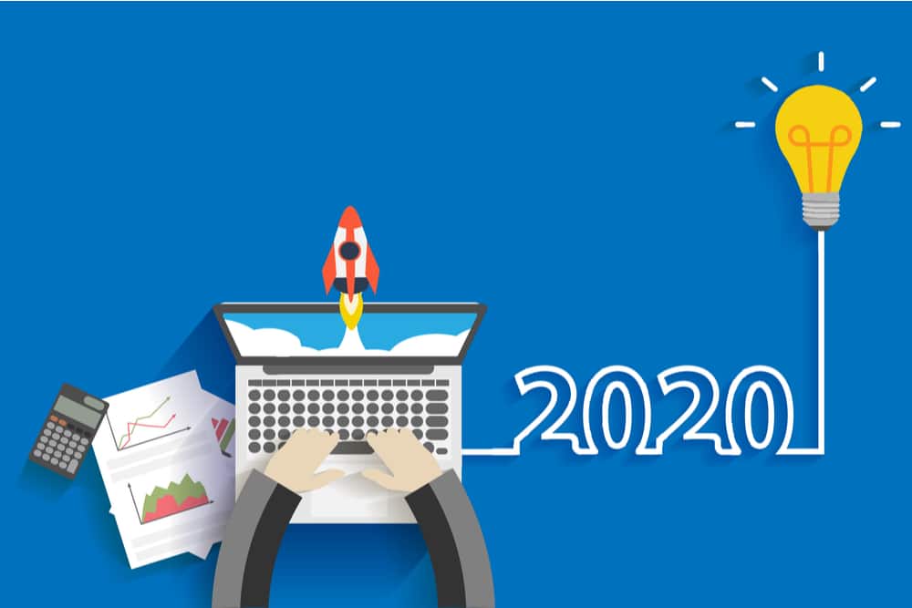 Creative light bulb idea 2020 new year business start up ideas concept design, With businessman working on laptop computer PC, Top view from above vector illustration