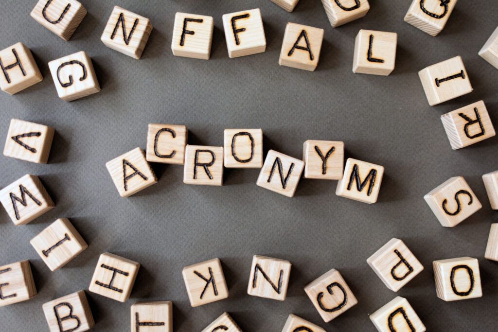 Wooden letter blocks spelling "ACRONYM" surrounded by various other letters, representing the theme of cybersecurity acronyms in an educational context.