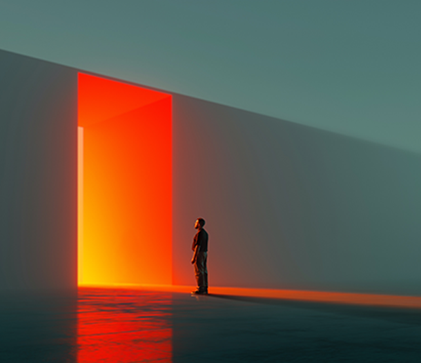 Person standing in front of a glowing orange doorway, symbolizing the concept of Shadow AI in workplace environments.