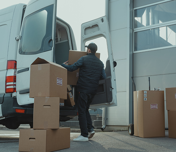 DataPrivacyLogistics | LG Networks, Inc. Man in a dark jacket unloads cardboard boxes from a white delivery van at a loading dock beside a warehouse.